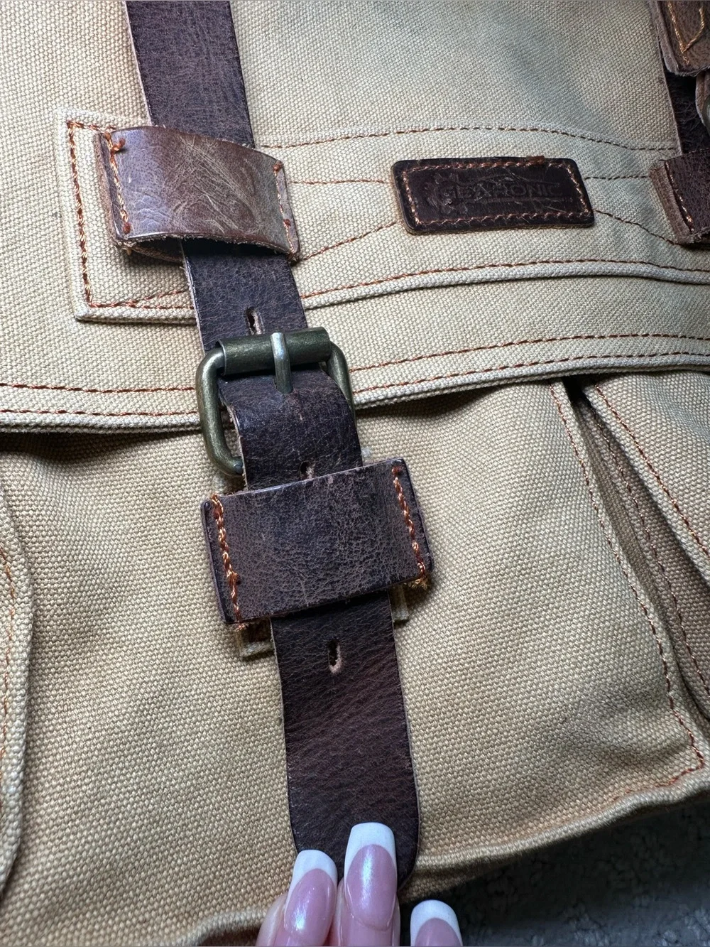 Canvas & Leather Messenger Bag Khaki Brown Crossbody Tab Brown Pockets Zip